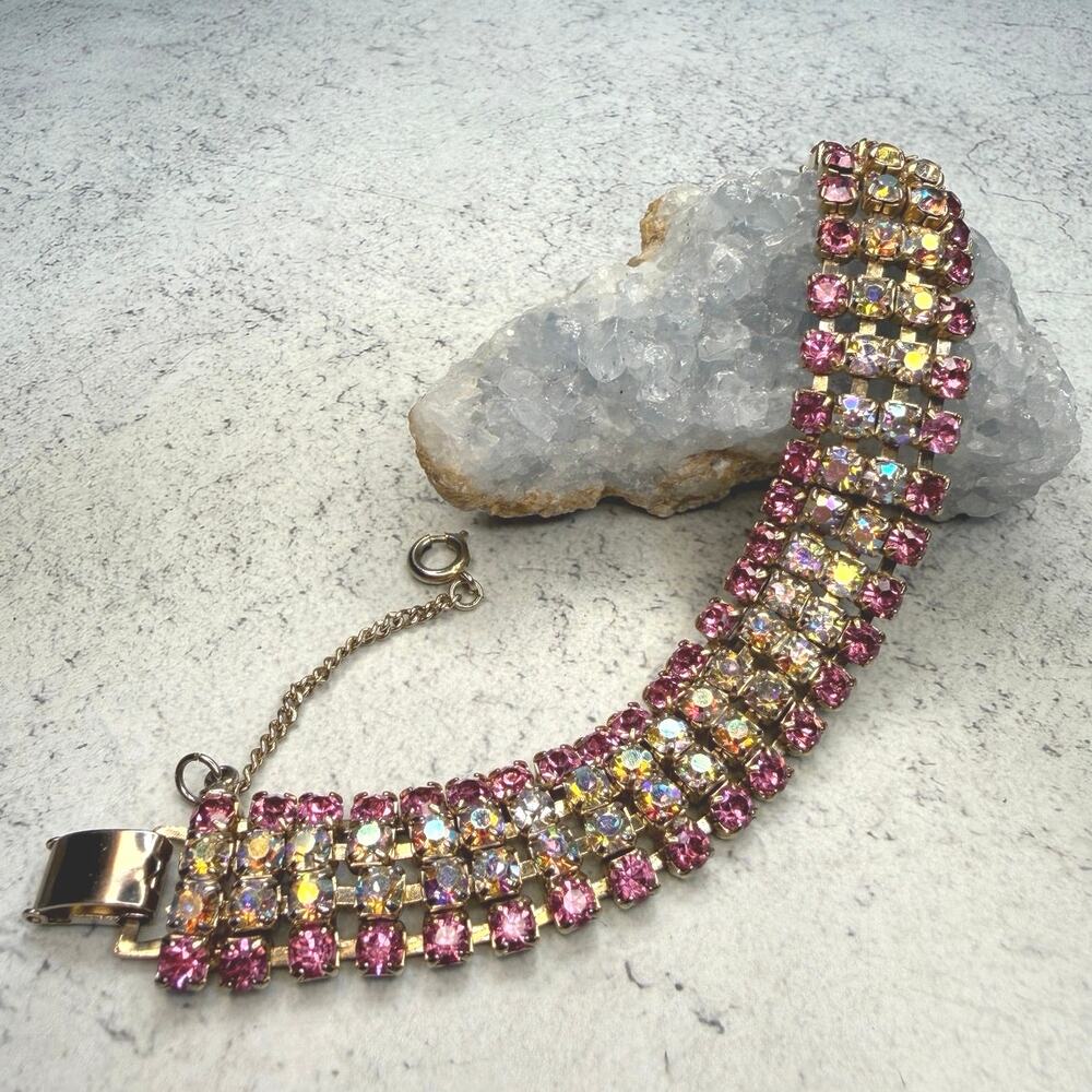 Vintage Aurora Borealis and Pink Rhinestone Bracelet with safety chain prong set